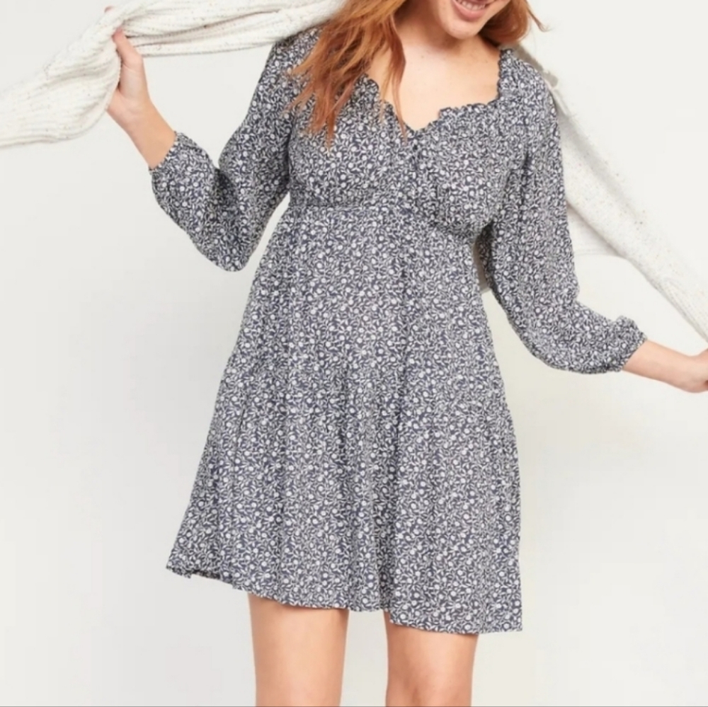 Old Navy Blue and White Floral Long-Sleeve Dress